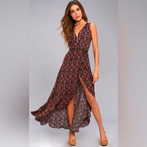 Lulus Blossom Black Floral Print high-low Maxi dress.